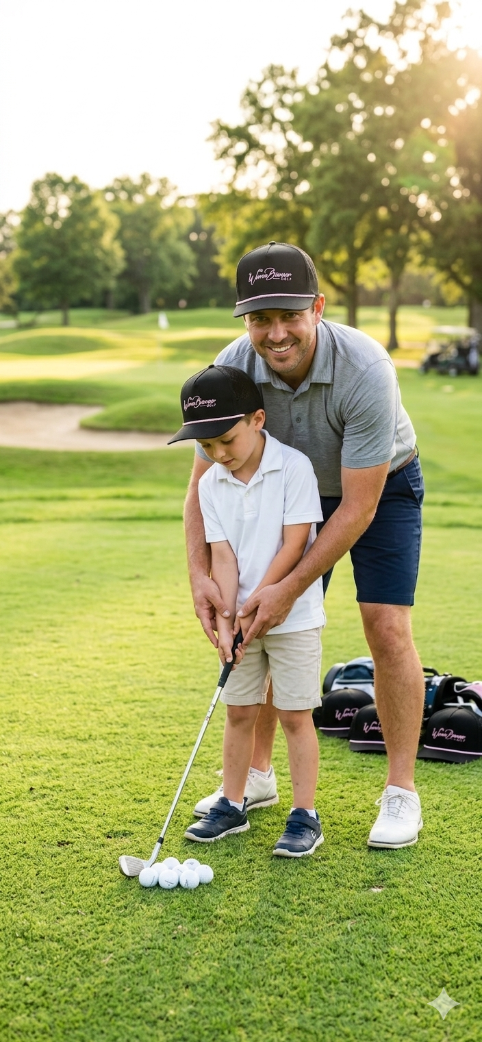 Father teaching son to golf in WormBurner hats
