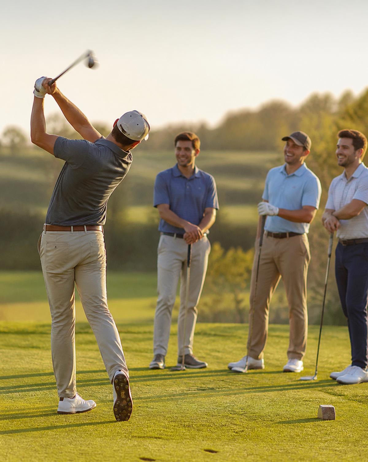 A group of golfers gathered around a tee box at golden hour, cheering on a friend as he drives the ball down a wide open fairway. The scene captures the laid-back, social spirit of WormBurner Golf — friends, fairways, and the moments that matter more than the scorecard.