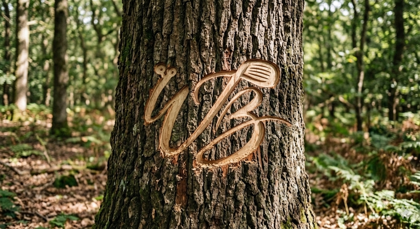WB logo carved into a tree in the forest